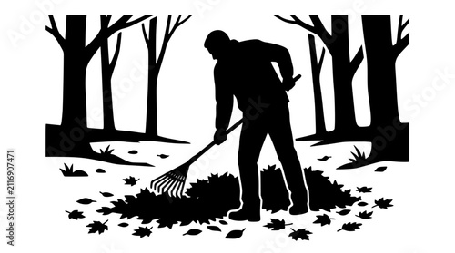 Silhouette of a Man Raking Autumn Leaves in a Forest