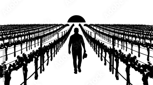 Silhouette of a man walking through a vineyard towards the setting sun