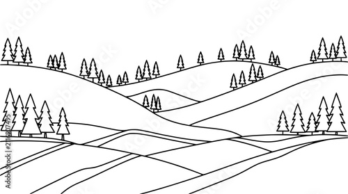 Simple line art landscape with rolling hills and pine trees for coloring