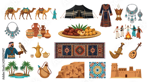 Traditional Arabian Desert Culture Icons: Camels, Tent, Dates, Rug, Falcon, Dagger