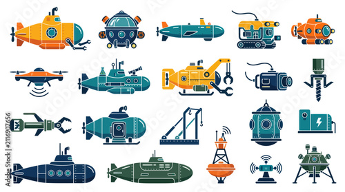 Flat Vector Illustration Set of Underwater Exploration Vehicles, Marine Robots, and Deep Sea Equipment Icons