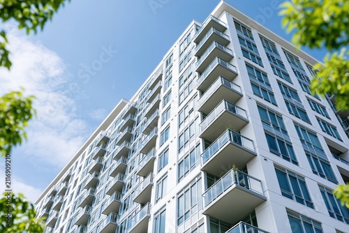 Modern White Apartment Building with Balconies Against a Clear Blue Sky