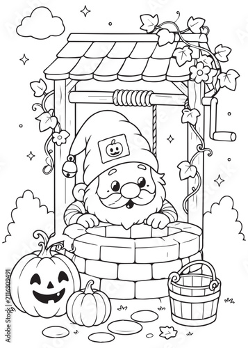 Coloring Page Book Adorable Halloween Gnome Smiling Inside a Charming Wishing Well