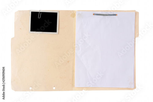 Konstfotografi Open Manila File Folder with Paper and Attached Photo