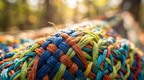 Close up of colorful woven fabric with blurred background.