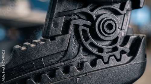 Close-up of a dark metal gear mechanism with intricate teeth and cogs.