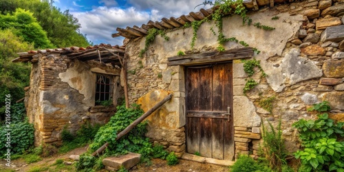 An aged stone structure, weathered by time, reveals a rustic wooden door and a barred window, nestled amidst vibrant, tenacious vegetation, hinting at a forgotten past.