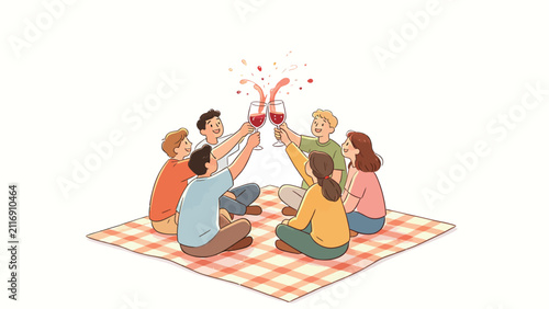 Friends Toasting With Wine On A Checkered Picnic Blanket, Joyful Gathering Illustration