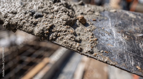 Close-up of fresh wet cement on a trowel, ready for construction work.