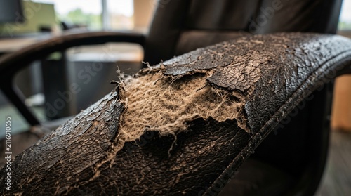 Close-up of a severely damaged and worn-out office chair armrest, showing peeling faux leather and exposed padding.