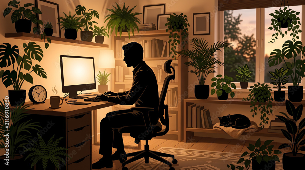 Fototapeta premium Professional Man Working on Desktop Computer Home Office with Plants and Sleeping Cat Silhouette Vector Collection