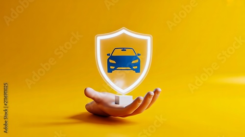 Hand holding vehicle insurance protection shield icon on yellow background
