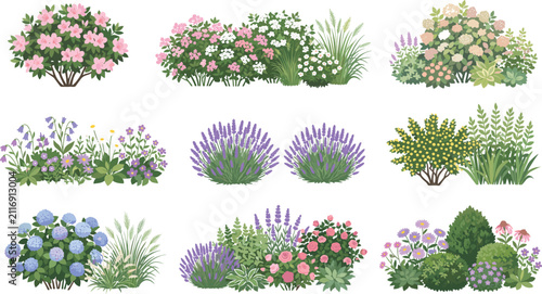 Modern Garden Flower Bush and Shrub Collection Flat Vector Landscaping Plant Set