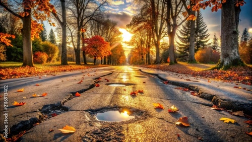 Autumnal Roadway Golden Hour Illumination on a Cracked Asphalt Path Lined with Vibrant Fall Foliage
