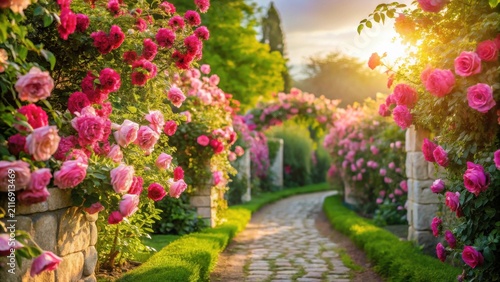 Romantic Rose Garden Path at Sunset A Serene Stroll Through Blooming Flowers