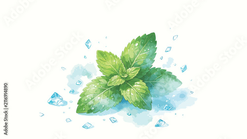 Vibrant Fresh Mint Leaves with Ice Cubes in Watercolor Art