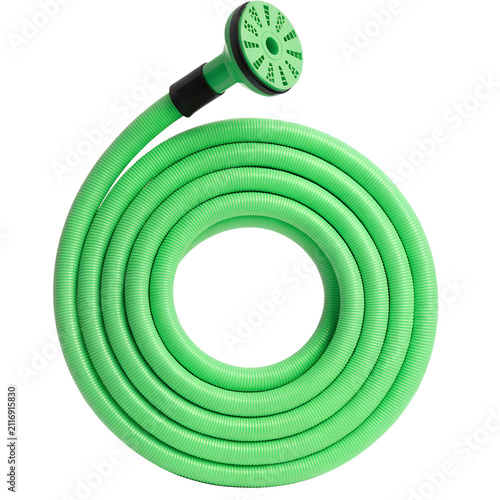 Coiled Green Garden Hose Pipe with Adjustable Water Spray Nozzle Isolated Stock Photo