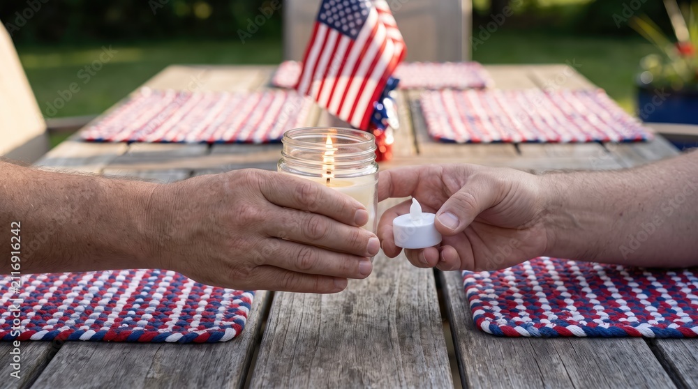 Fototapeta premium Close-up of hands lighting candles on festive outdoor table