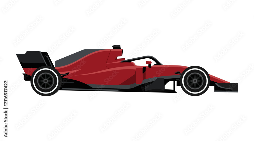 Fototapeta premium Minimalist vector illustration of a red formula one racing car viewed from the side profile isolated on white background showing aerodynamic bodywork and racing tires.