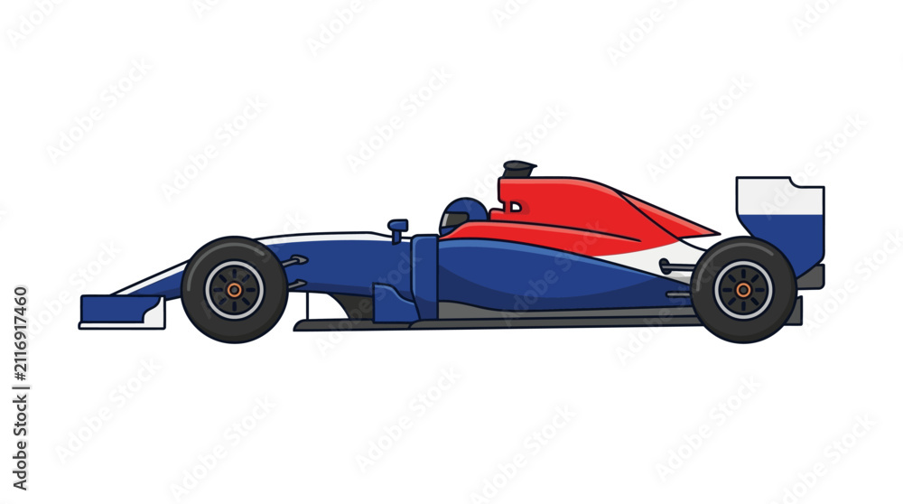 Fototapeta premium Flat design vector illustration of a professional Formula 1 racing car in profile view with blue, red, and white livery colors, featuring aerodynamic bodywork and black rubber tires.