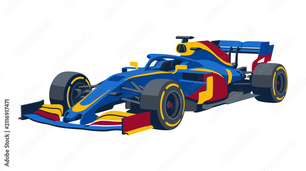 Fototapeta premium A modern flat design illustration of a professional Formula 1 race car with blue, yellow, and red aerodynamic bodywork and black tires isolated on a white background.