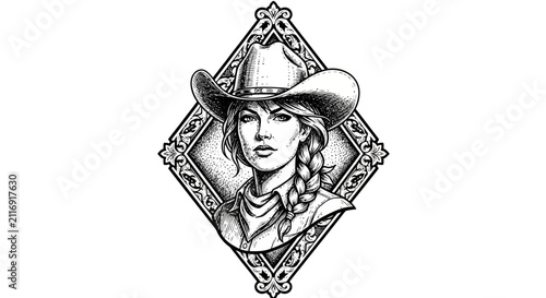 Cowgirl Portrait in Decorative Frame, Western Art, Black and White Illustration