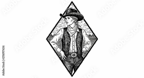 Cowgirl Portrait in Diamond Frame - Vintage Western Illustration