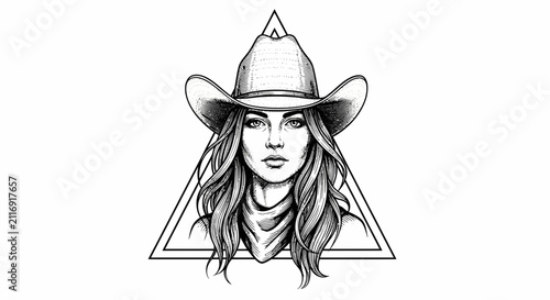 Cowgirl portrait in geometric triangle, sketch style