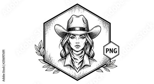 Cowgirl Portrait in Hexagon Frame with Leaves - Black and White Illustration