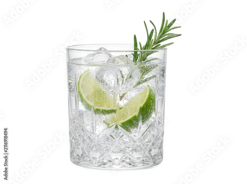 Refreshing gin tonic cocktail with lime slices and rosemary, isolated on transparent background.