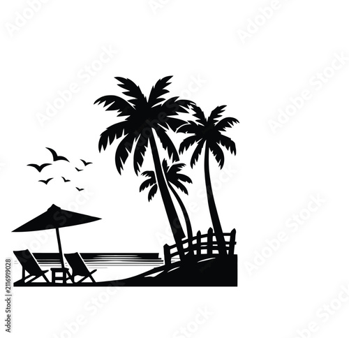 Tropical Beach Silhouette With Palm Trees And Beach Chairs Black On White