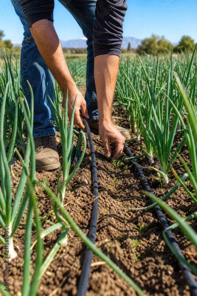 Fototapeta premium Farmers hands adjusting black drip irrigation system among fresh green onion crops in sunny agricultural field, modern farming technique