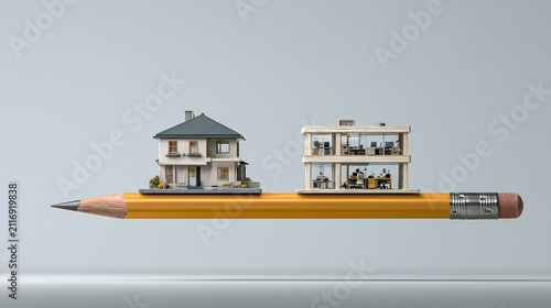 Work Life Balance Concept with Miniature House and Office Building Balanced on Yellow Pencil 3D Render
