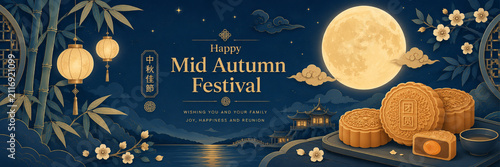 Mid Autumn Festival Banner with Mooncakes and Golden Full Moon Reflection, Luxury Festival Background Illustration