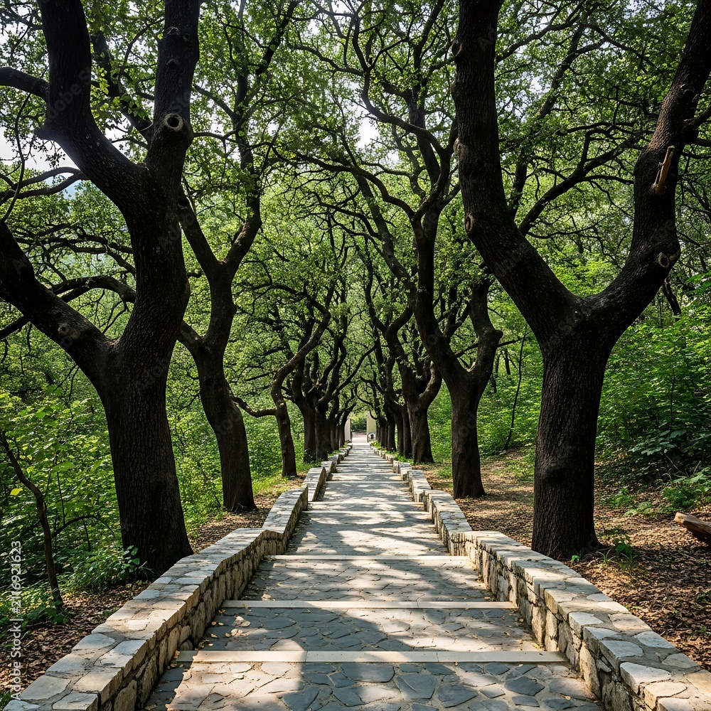 Fototapeta premium Serene forest pathway with sunlight filtering through trees.
