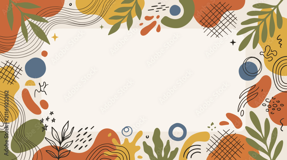 Obraz premium Abstract floral background with boho organic shapes and hand drawn elements for invitation