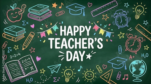 Happy Teachers Day message on a green chalkboard with school supplies
