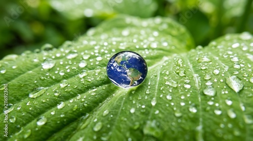 Earth globe in single water droplet on green leaf surface