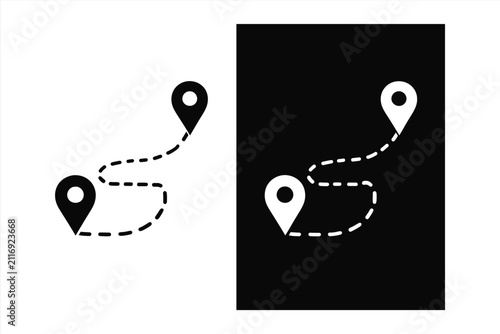 Location pin icons with dashed path line, navigation map markers, vector illustration