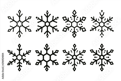 Set of eight different snowflake icons, winter holiday symbols, vector illustration
