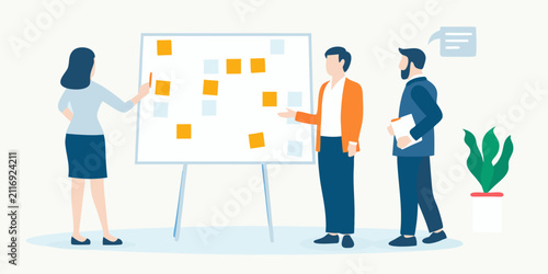 team brainstorming session flat vector illustration people collaboration ideas discussion whiteboard sticky notes meeting workplace office strategy planning design graphic art concept communication