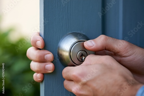 Close up of hands inserting a key into a silver deadbolt lock on a blue painted exterior door