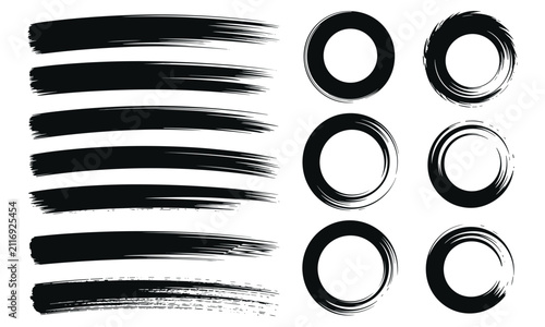 Hand painted collection of black textured ink brush strokes and circular grunge frames on high contrast white background.