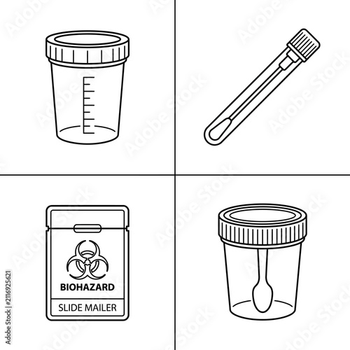 Medical Sample Collection Kit Icons: Vial, Swab, Biohazard Mailer, Specimen Cup