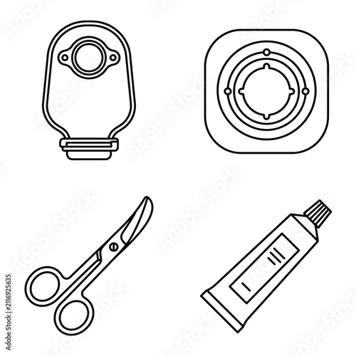 Medical supplies icons: stoma bag, ostomy appliance, scissors, ointment tube