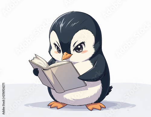 Adorable cartoon penguin chick reading a book on white background