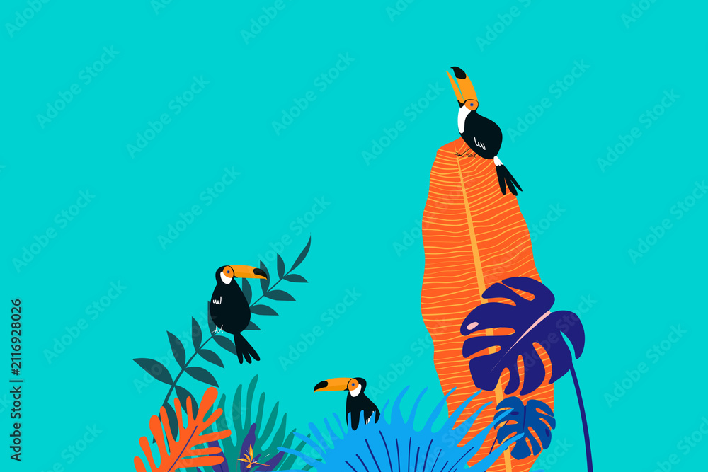 Naklejka premium Colorful tropical toucan bird background, blue design
