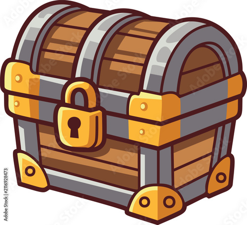 Cartoon Wooden Treasure Chest Lock RPG Game Item Icon Vector Illustration