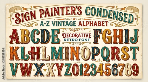 Vintage sign painter alphabet. Retro decorative typography set with numbers and letters.