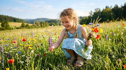 Little girl picking wildflowers in a meadow. Happy child gathering a bouquet in summer.